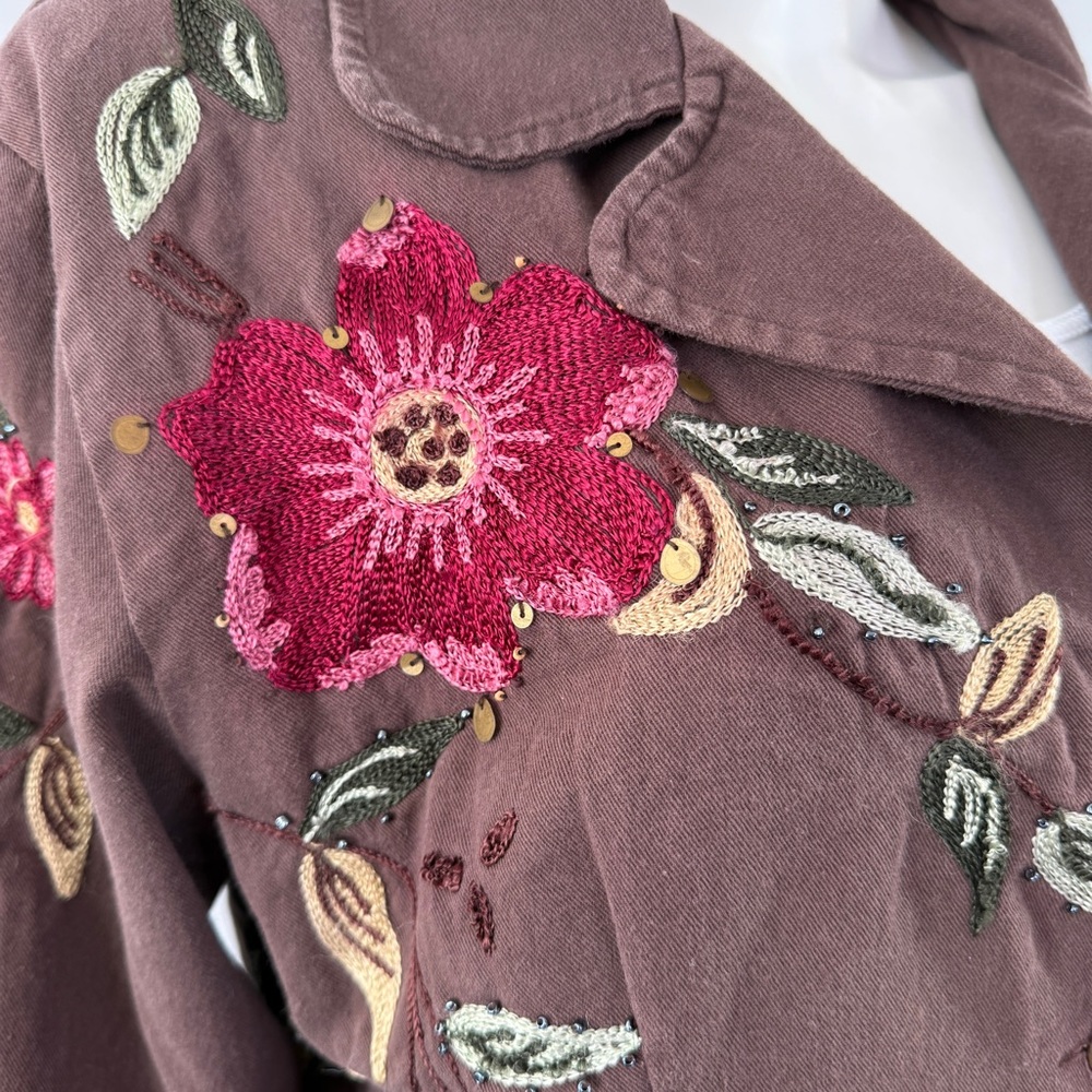Passports Brown Beaded Jacket Size XL Floral Embroidery V-Neck Boho Artsy Casual - Picture 2 of 12